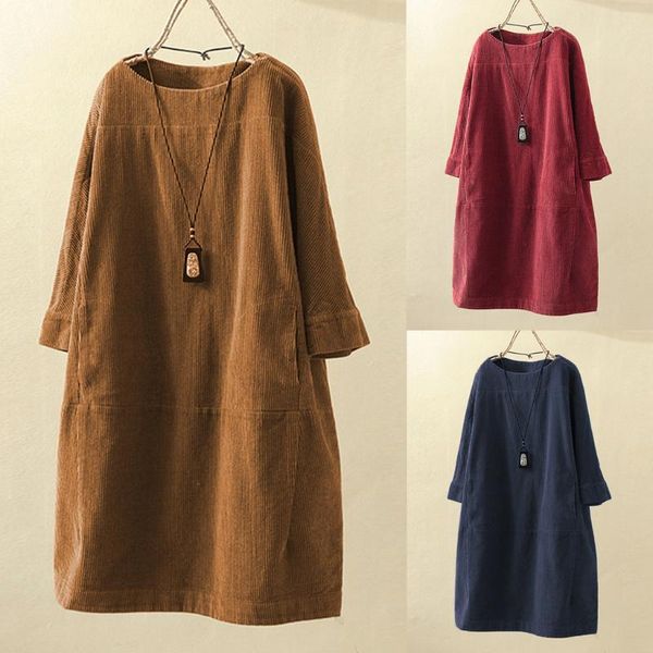 

women vintage pockets corduroy casual dresses ladies solid color o-neck party summer dress long sleeve loose mini dress, Black;gray