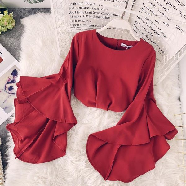 

early autumn new style women's shirts women's design niche ruffled trumpet sleeves solid color, White