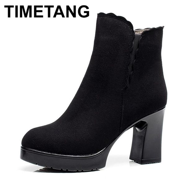

boots timetangbig size 35-42block high heel suede women's winter shoes autumn platform lace ankle office ladies, Black