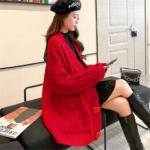 

2021 new camisola women's coat solid cardigan lazy style mid-length retro hemp flower-thickened winter bloom ihjp, White;black