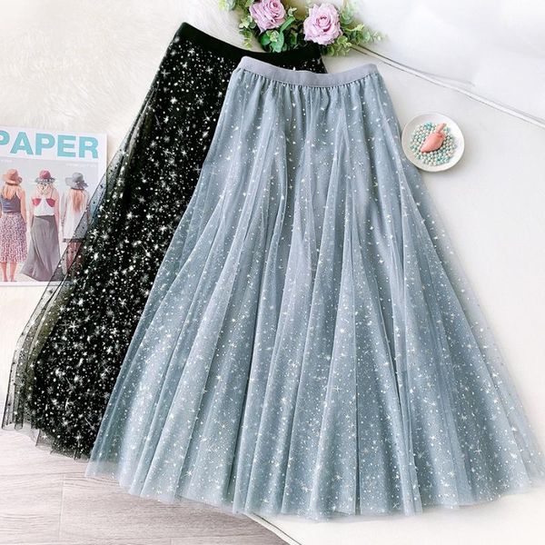 

sishion female 2021 starry sky sparkling mesh tulle long skirt vd1693 korean style high waist black grey women skirt faldas