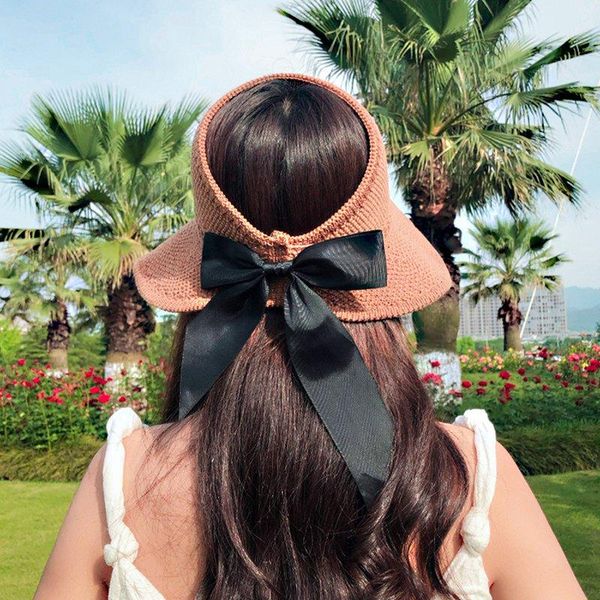 

autumn new style straw hat women's outdoor sun-resistant sun hat foldable knitted bow college style ess, Blue;gray