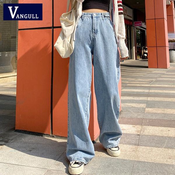 

women's jeans vangull adjustable high waist woman vintage quality loose wide leg denim trouses streetwear fashion straight pants, Blue