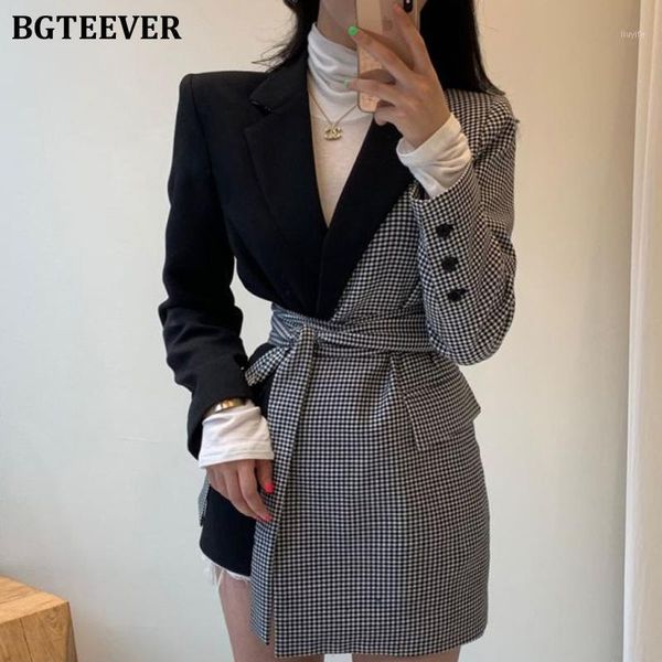 

bgteever autumn new stylish patchwork women plaid blazer 2021 full sleeve lace-up slim waist female irregular hem suit jacket1, White;black