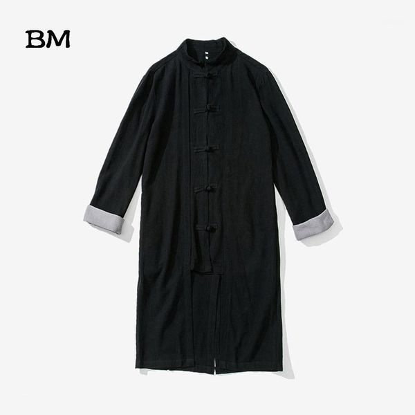 

men's tang chinese tunic suit large han clothing antique chinese style linen long sleeve middle-long windbreaker1, Tan;black