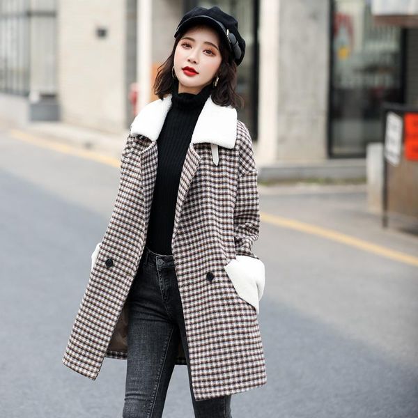 

new plaid thick woolen coat women winter mid-length double breasted suit collar spiced faux fur collar cuff fashion slim jacket, Black