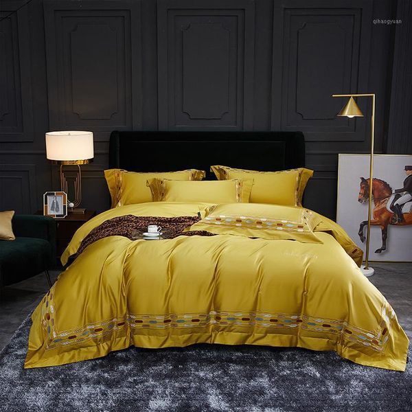 

1000tc egyptian cotton bedding sets  king size yellow duvet cover bed sheets/elastic band fitted sheet linen set bed set1