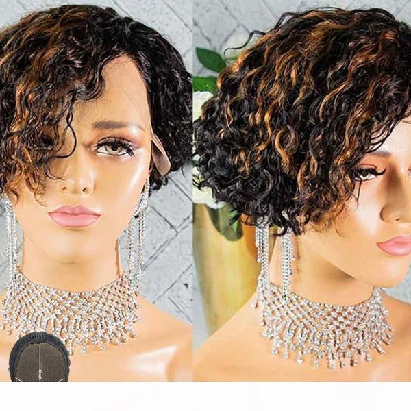 

atina pixie cut wig ombre blonde 4x4 lace closure wig colored curly human hair honey blonde short bob bleached knots remy, Black;brown
