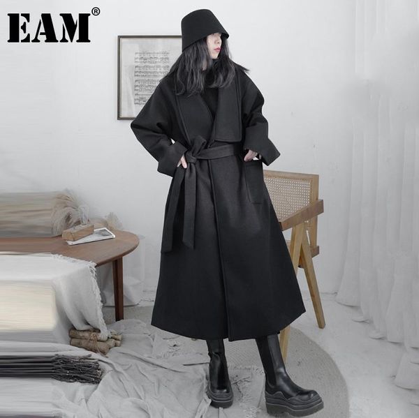 

eam] loose fit black long warm belt woolen coat parkas new lapel long sleeve women fashion tide autumn winter 2020 1dd6506