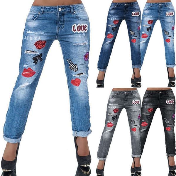 

2020 new large women's printed jeans embroidered perforated denim low waisted pants, Blue