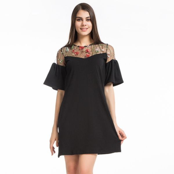 

summer new style mesh embroidery patchwork flared sleeve dress women's loose a-line skirt, Black;gray