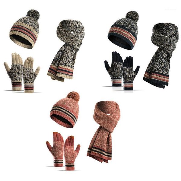 

winter 3pcs pompom beanie hat long scarf touch screen gloves set geometric floral jacquard plush lined skull cap1, Blue;gray