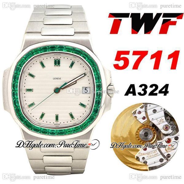 TWF Jumbo Platinum Emer Bezel 5711 Белый текстура Dial A324 Automatic Mens Watch Hip Hop Bling Jewelry Best Edition Ptpp 2021 PureTime E166B2