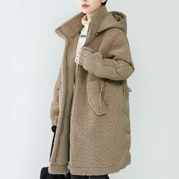 

high-end woolen patchwork jacket women duck down parka mid long hooded loose oversized outerwear clothing lady's snow warm coats, Black