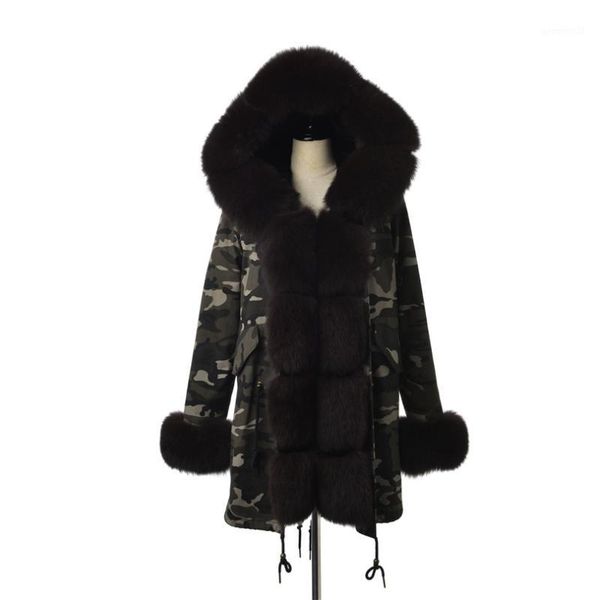 

women's fur & faux fursarcar camouflage jacket real parka women luxury winter 80 cm coat with collar and cuff casual warm parka1, Black