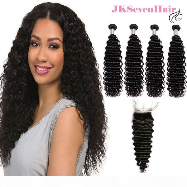 

deep wave 12a grade brazilian virgin hair extensions 4pcs with 4x4inch lace closure malaysian peruvian indian human hair wefts with closure, Black