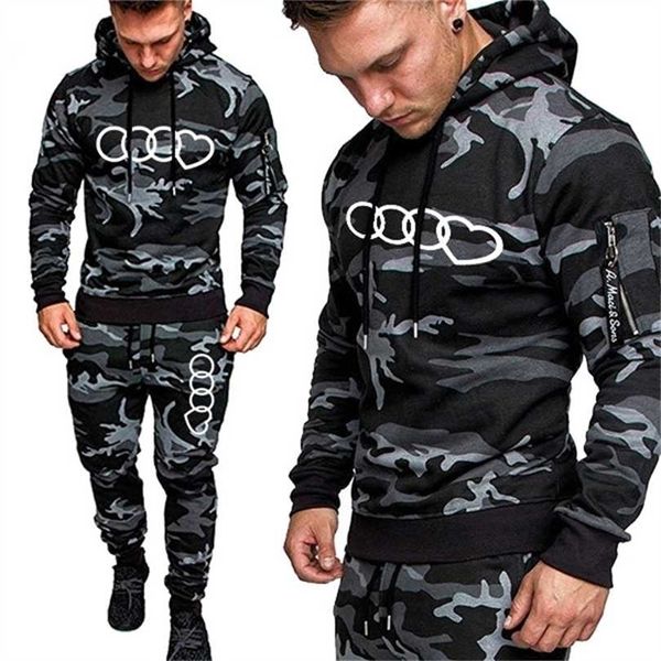 

2 pieces sets tracksuit men hooded sweatshirt+pants pullover hoodie sportwear suit male camouflage joggers winter clothes 211220, Gray