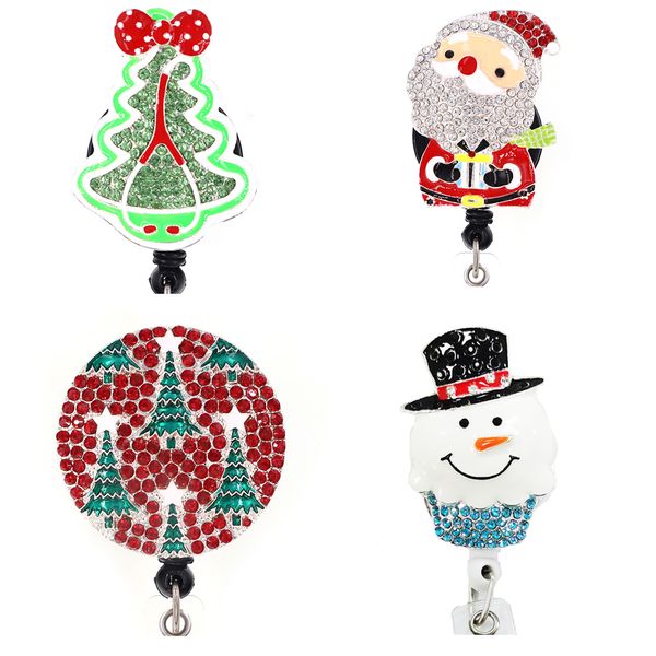 Portachiavi più nuovi Albero di Natale / Pupazzo di neve Porta documenti retrattile con strass per accessori per nome infermiera Bobina porta badge con clip a coccodrillo