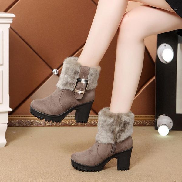 

boots women ankle high thick heels ladies furry plush warm winter zipper platform woman pumps non slip snow 20211, Black