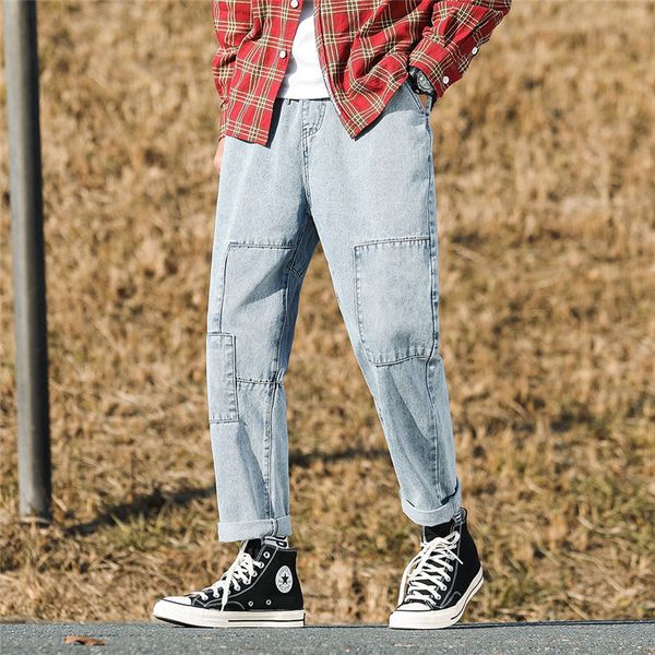 

autumn new perforated jeans men's straight tube loose size trendy light beggars versatile trend capri pants, Blue