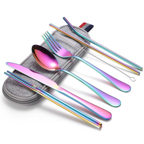 

9pcs stainless travel camping cutlery set straight bent drinking straw with case cleaning brush set metal reusable sqcaaq