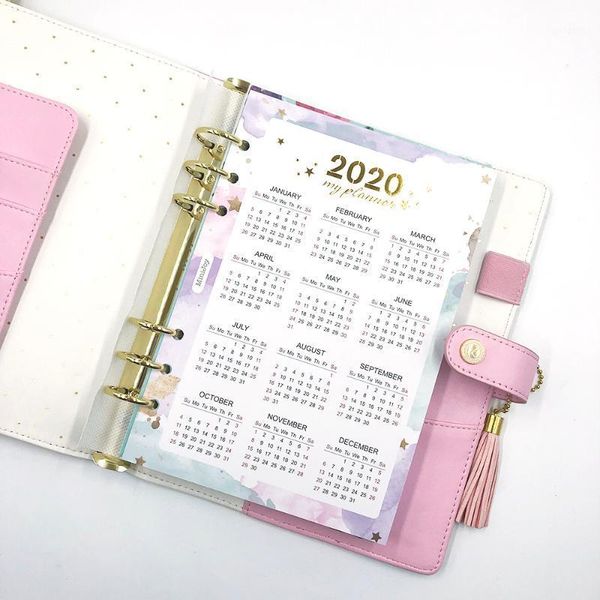 

fromthenon 2020 year calendar index dividers watercolor refill for a5a6 6 holes leaf spiral notebook diary school stationery1, Purple;pink