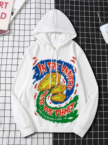 

men letter & airplane print drawstring hoodie 47g6#, Black