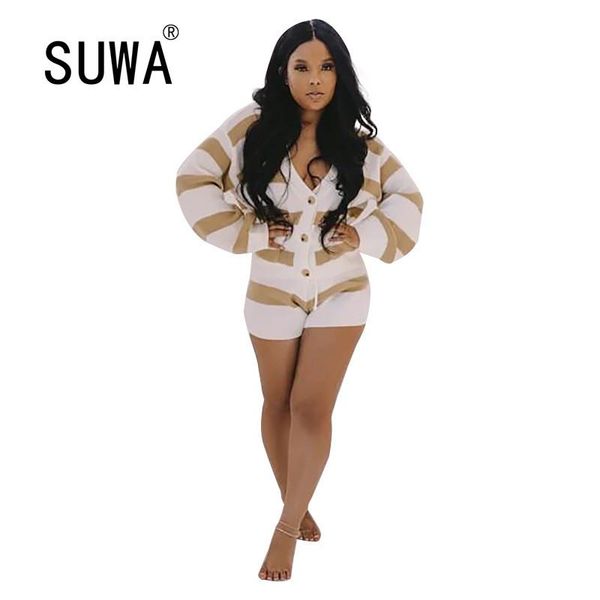 

yellow white striped patchwork knitted suits women clothes 2020 v neck long sleeve sweater and slim fit short two piece sets, Gray