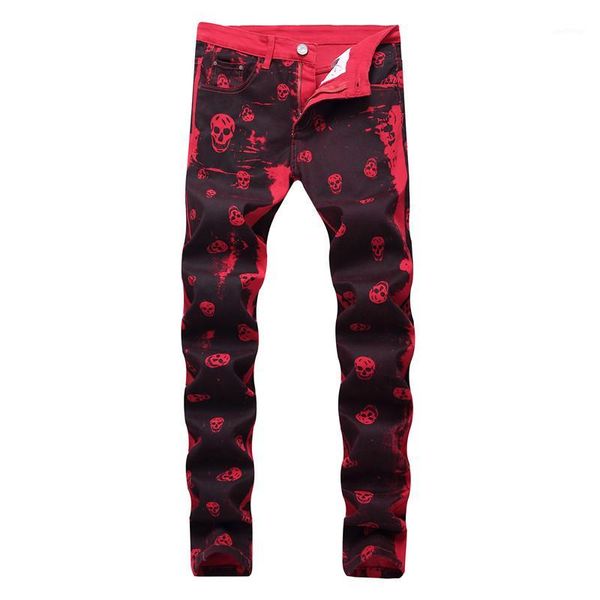 

new 2020 men's male fashion skeleton skull printed night club personality jeans male slim fit red denim pants long trousers1, Blue
