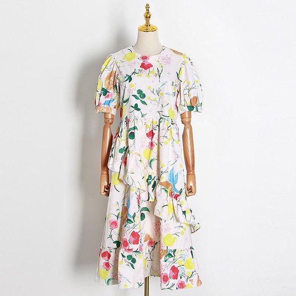 

women dress 2020 summer new dress fashion round neck lantern sleeves printed ruffled1, Black;gray