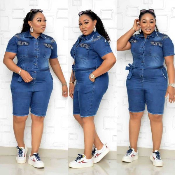 

women's large mom's short sleeve single breasted epaulet washed denim jumpsuit, Blue