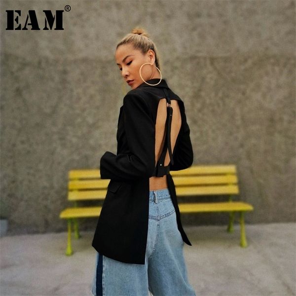

[eam] women black backless buckle big size blazer new lapel long sleeve loose fit jacket fashion spring autumn 2020 lj201214, White;black