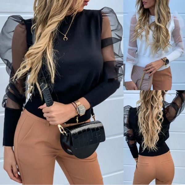 

fashion new 2021 women's v-neck blouses tulle ruffle long puff sleeve shirt solid lady shirts autumn women, White