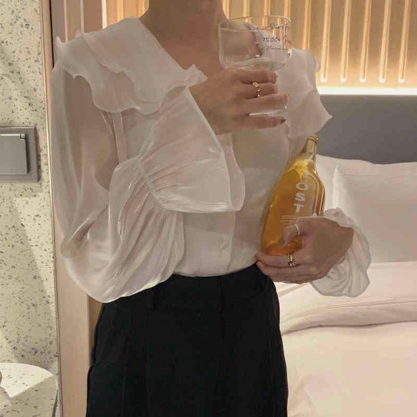 

woman elegant shirt spring korean chic ruffles collar single breast loose gloss transparent flared sleeve top, White