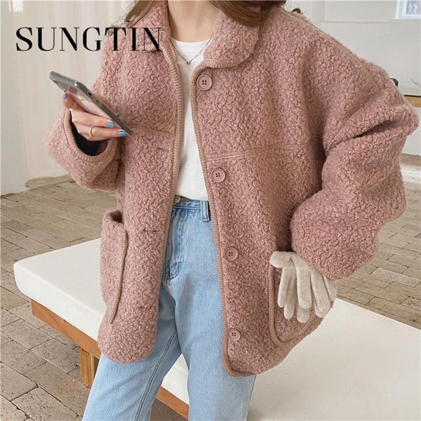 

women's fur & faux sungtin casual loose women solid pink jacket winter autumn female cute warm teddy korean fashion kawaii pockets, Black