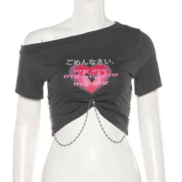 

2021 summer fashion women's solid color printing slant collar slim open navel pleated short t-shirt, Red;black