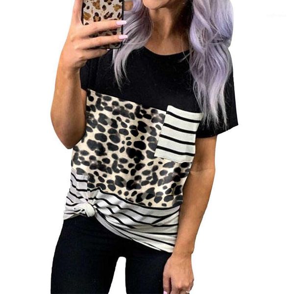 

new fashion t shirt women summer o-neck leopard printing t-shirt casual splice vetement femme short loose woman clothes1, White