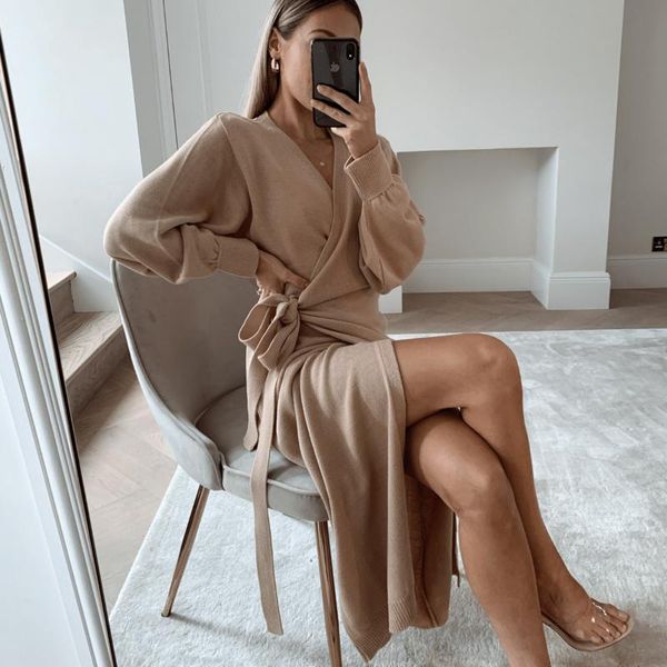 

women elegant long dress lantern sleeve v-neck split hem side waist lace-up one-piece casual stretch dress for autumn homewear, Black;gray