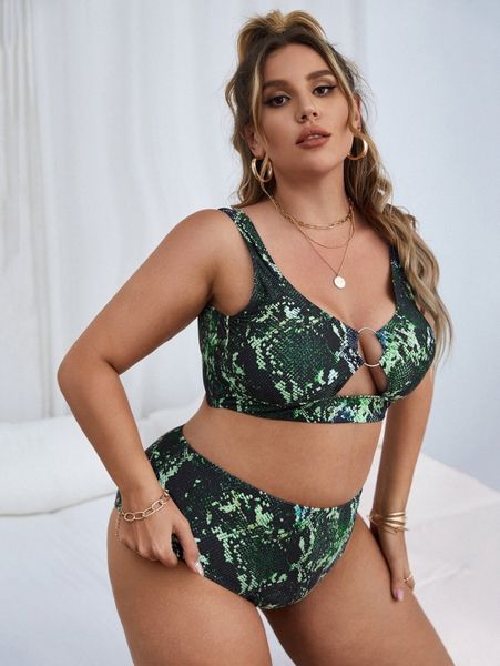 

plus snakeskin print ring linked bikini swimsuit m9ag#, Black