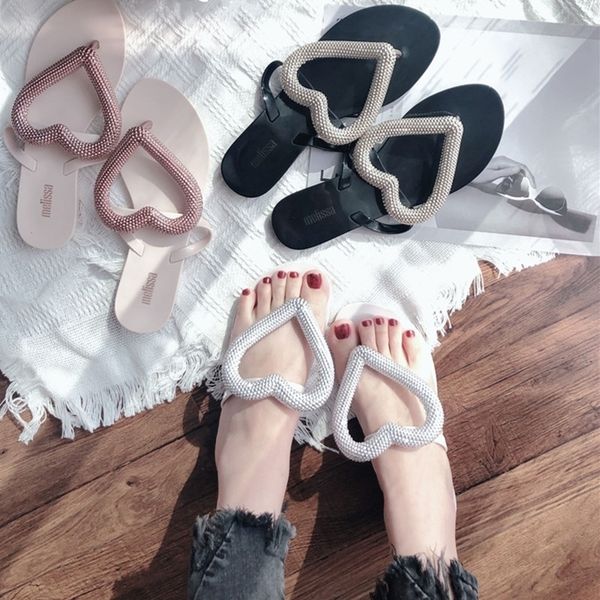 

melissa original brand big heart flip flops new women slippers jelly shoes melissa fashion female jelly shoes flip flop y200423, Black