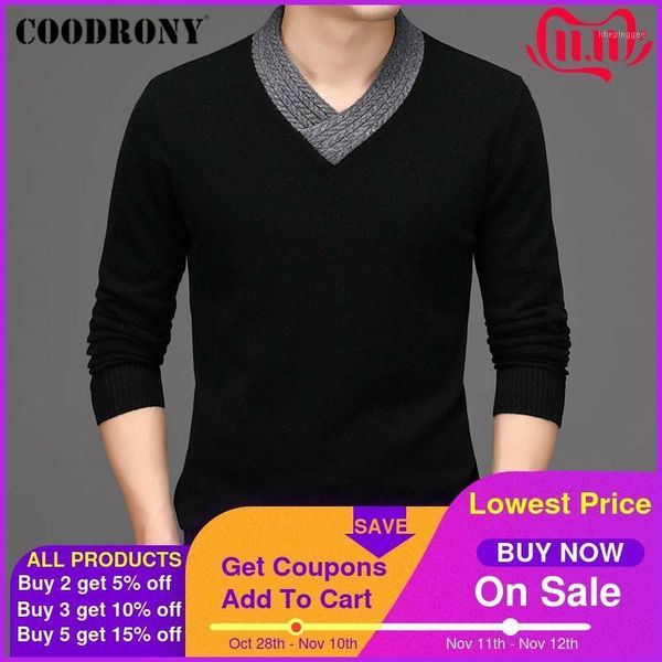 

men's sweaters coodrony winter thick warm soft pure merino wool sweater men v-neck pull homme streetwear fashion pullovers c307, White;black