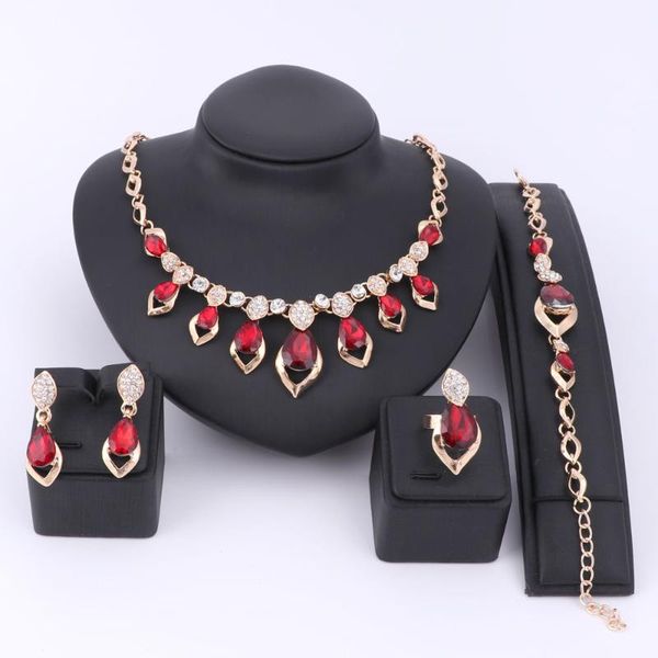 

wedding dress costume women party gold color african beads jewelry sets red gem crystal necklace bracelet earrings ring sets, Silver
