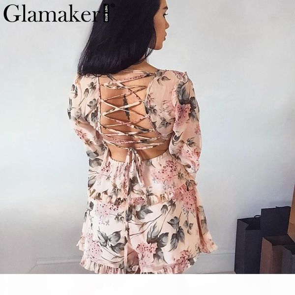 

glamaker backless chiffon v neck short jumpsuit women lace up ruffles beach playsuit female elegant summer party romper overalls y190502, Black;white