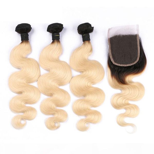 

brazilian human hair 2 tone dark roots ombre blonde hair body wave 3 bundles with lace closure 1b 613 body wave color hair weft, Black;brown