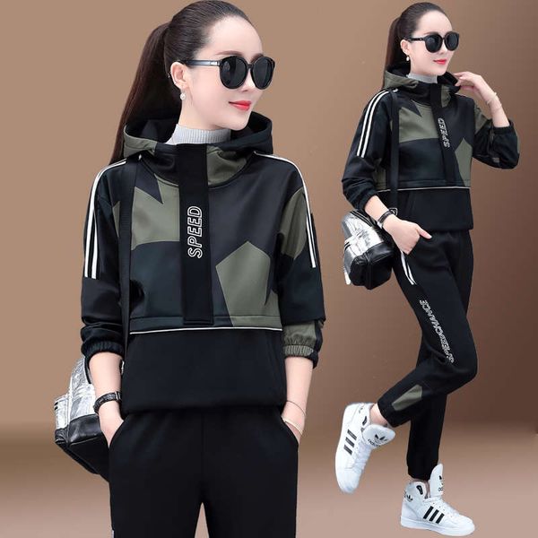 

camouflage sportswear suit women's spring autumn winter 2020 new fashion running plush thickened leisure sweater, Gray