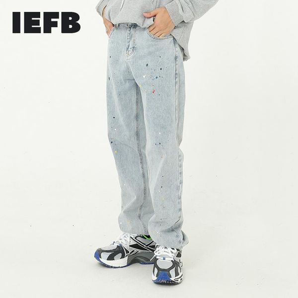 

men's jeans iefb wear 2021 product splash paint blue straight loose vintage casual korean fashion denim trousers male 9y4915
