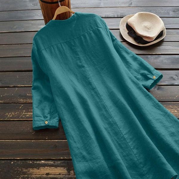 

spring women casual loose linen soild button solid color long sleeve long shirt blouse plus size, White