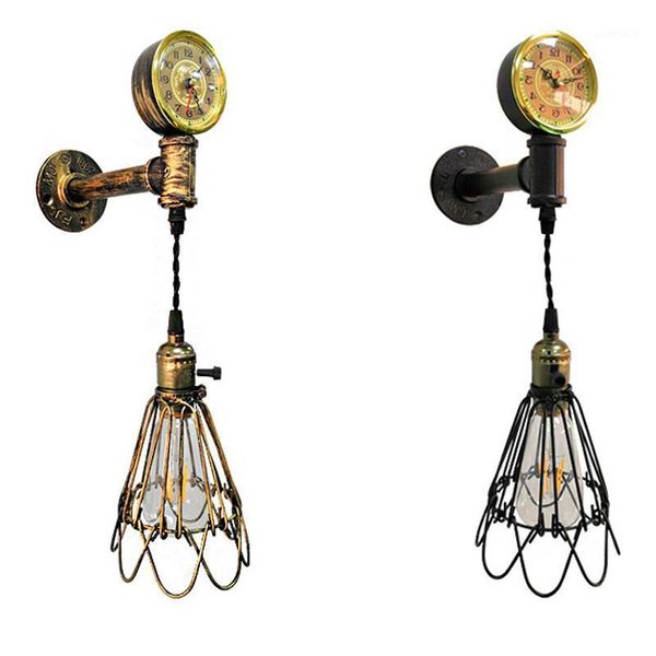 

retro iron water pipe decoration with clock wall lamp personalized creative birdcage wall light for restaurant bar coffee shop1
