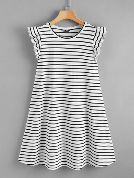 

plus ruffle armhole striped dress 07gz#, Black