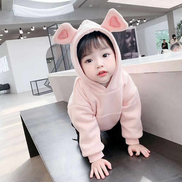 

2020 children's sweater autumn winter new little girl's embroidered ear plush girls' solid color hoodie fkwa, Black